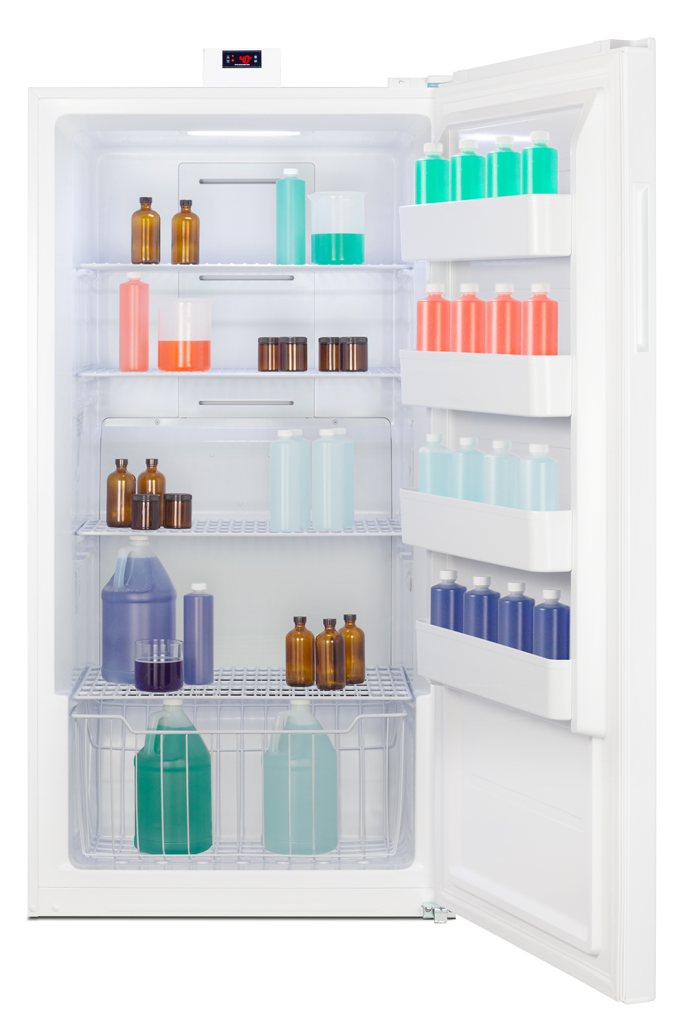 Upright all-refrigerator for general purpose storage with digital controls and white exterior finish